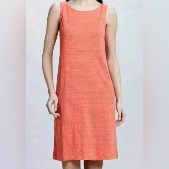 NWT Eileen Fisher Linen Jersey Dress with Mini Stripe Orange Shift Size Medium - Picture 2 of 11